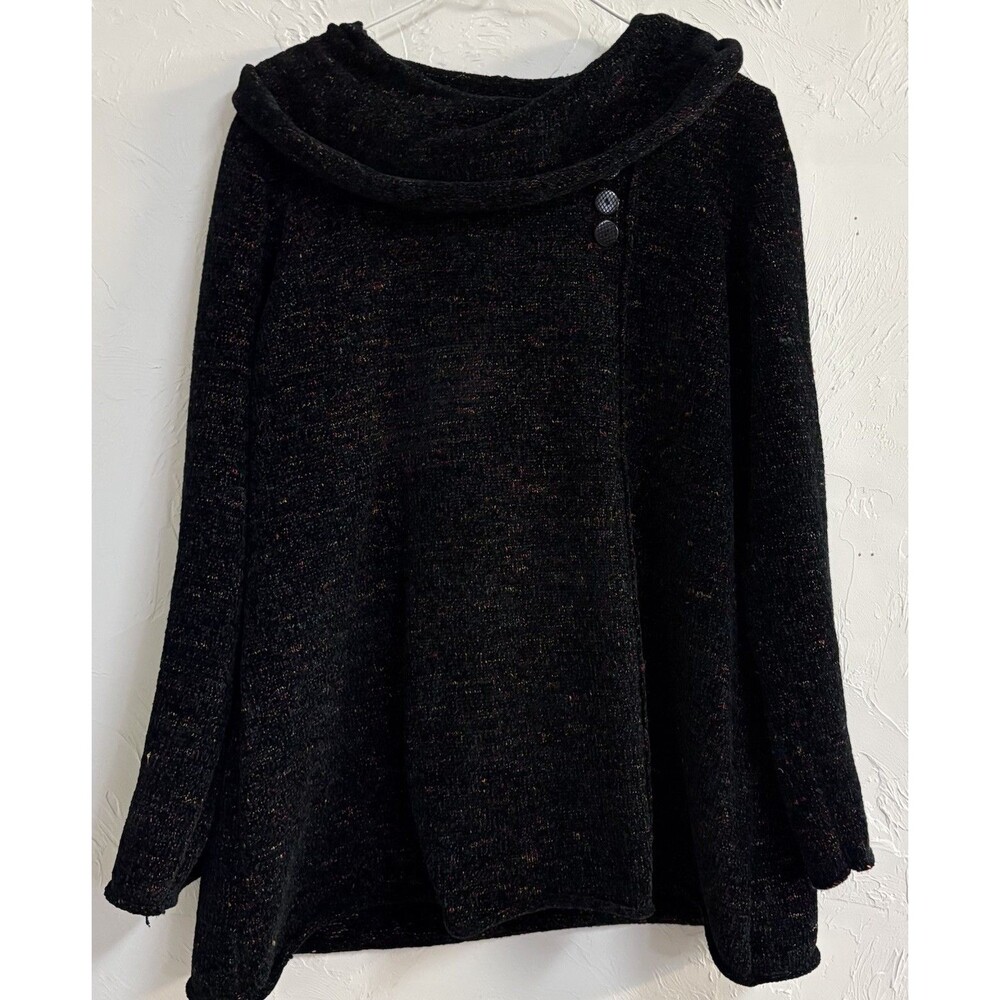 Habitat Womens L Black Multicolor Speckled Knit Cowl Neck Button Pullover